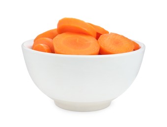 Photo of Bowl with tasty cut carrots isolated on white