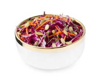 Photo of Tasty salad with red cabbage and pumpkin seeds in bowl isolated on white