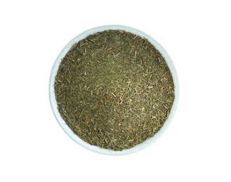 Photo of Bowl with aromatic dry dill on white background, top view