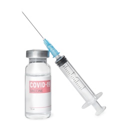 Vial with vaccine against coronavirus and syringe on white background