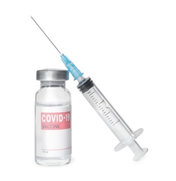 Photo of Vial with vaccine against coronavirus and syringe on white background