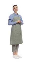 Photo of Beautiful young woman in clean apron on white background