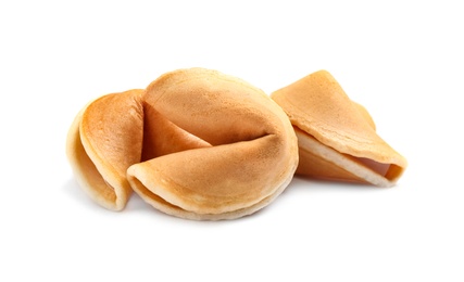 Photo of Traditional homemade fortune cookies on white background