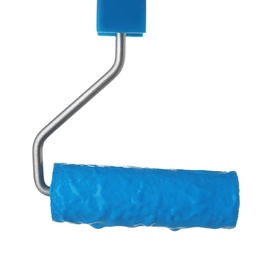 Photo of Roller brush with blue paint on white background