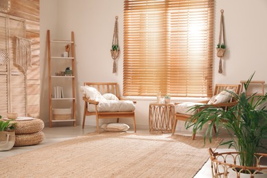 Photo of Stylish living room interior with wooden furniture and beautiful houseplants