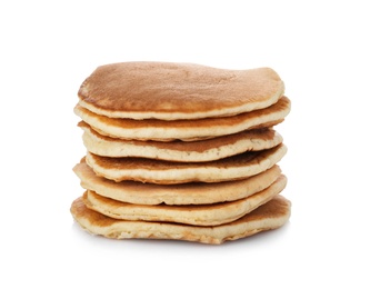 Photo of Stack of hot tasty pancakes on white background