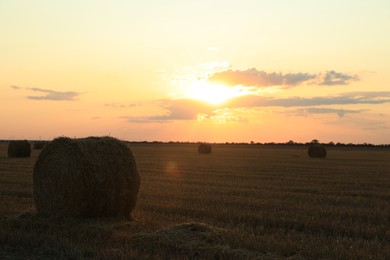 Photo of Beautiful view of agricultural field with hay bales at sunset