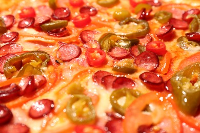 Photo of Delicious pizza Diablo as background, closeup view
