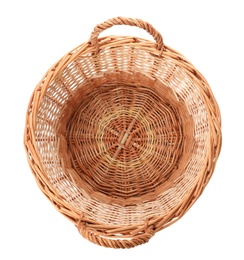 Photo of Wicker basket with handles isolated on white, top view