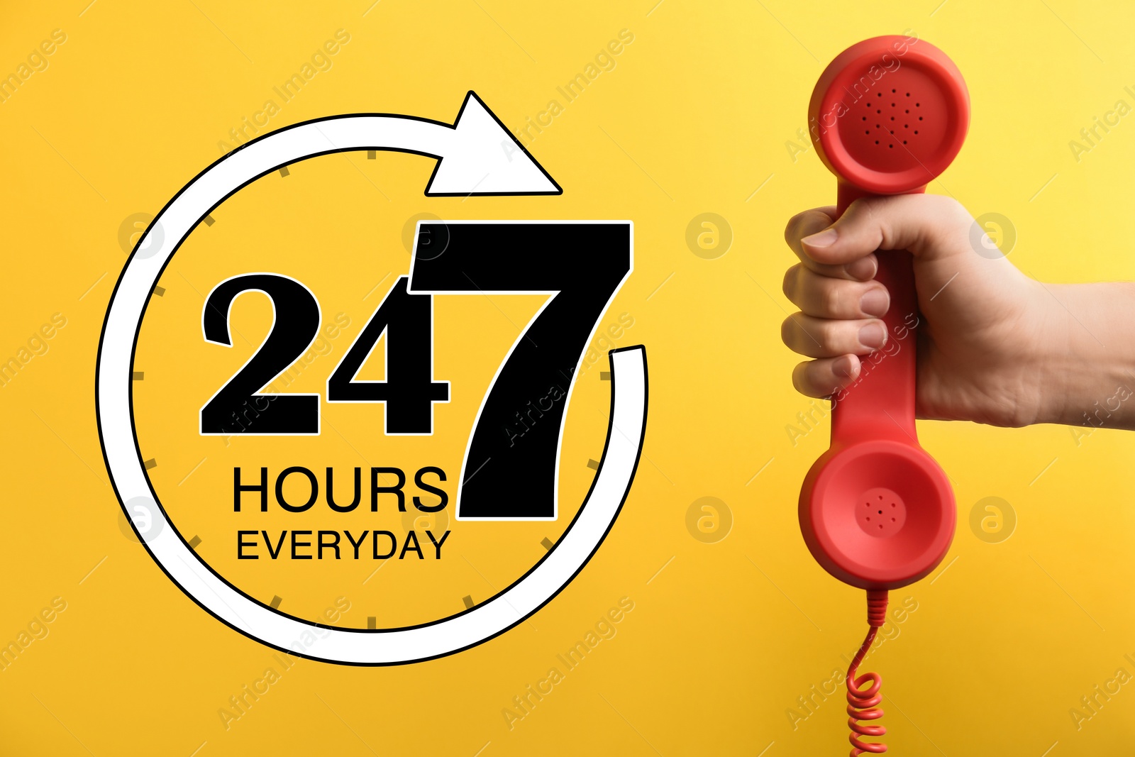 Image of 24/7 hotline service. Woman holding handset on yellow background, closeup