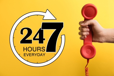 Image of 24/7 hotline service. Woman holding handset on yellow background, closeup