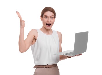 Photo of Beautiful excited businesswoman with laptop on white background
