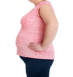 Photo of Overweight woman on white background, closeup. Weight loss