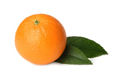 Photo of Fresh ripe orange with green leaves on white background