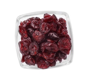 Photo of Dried cranberries in glass bowl isolated on white, top view