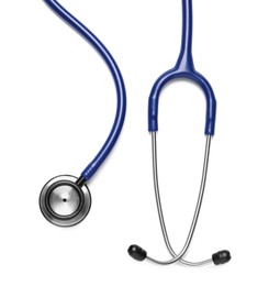 Photo of Modern stethoscope on white background, top view