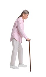 Senior woman with walking cane on white background