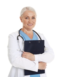 Photo of Portrait of female doctor with clipboard isolated on white. Medical staff