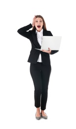 Photo of Emotional businesswoman in office wear with laptop celebrating victory on white background
