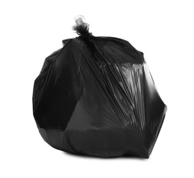 Black trash bag filled with garbage isolated on white