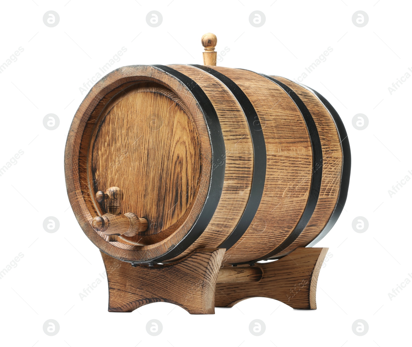 Photo of One wooden barrel with tap on white background