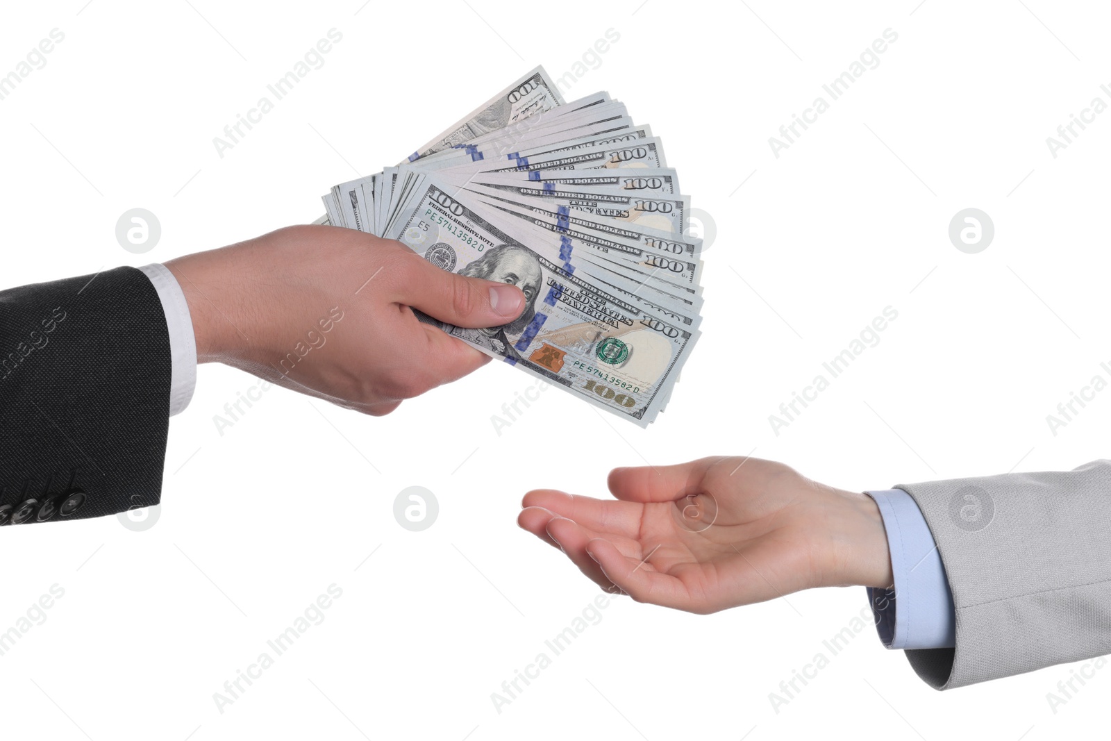 Photo of Money exchange. Man giving dollar banknotes to woman on white background, closeup