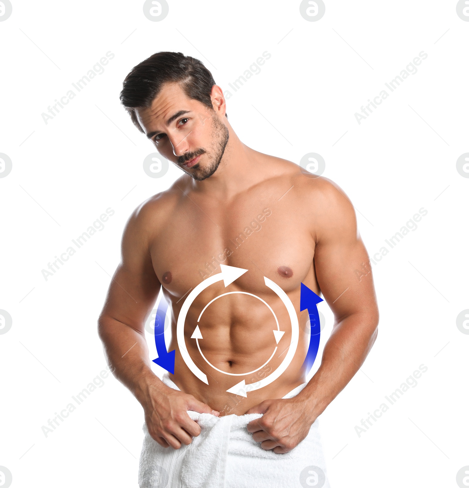 Image of Metabolism concept. Handsome man with perfect body on white background