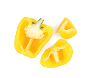 Photo of Cut yellow bell pepper isolated on white, top view