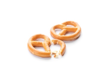 Photo of Delicious crispy pretzel crackers isolated on white