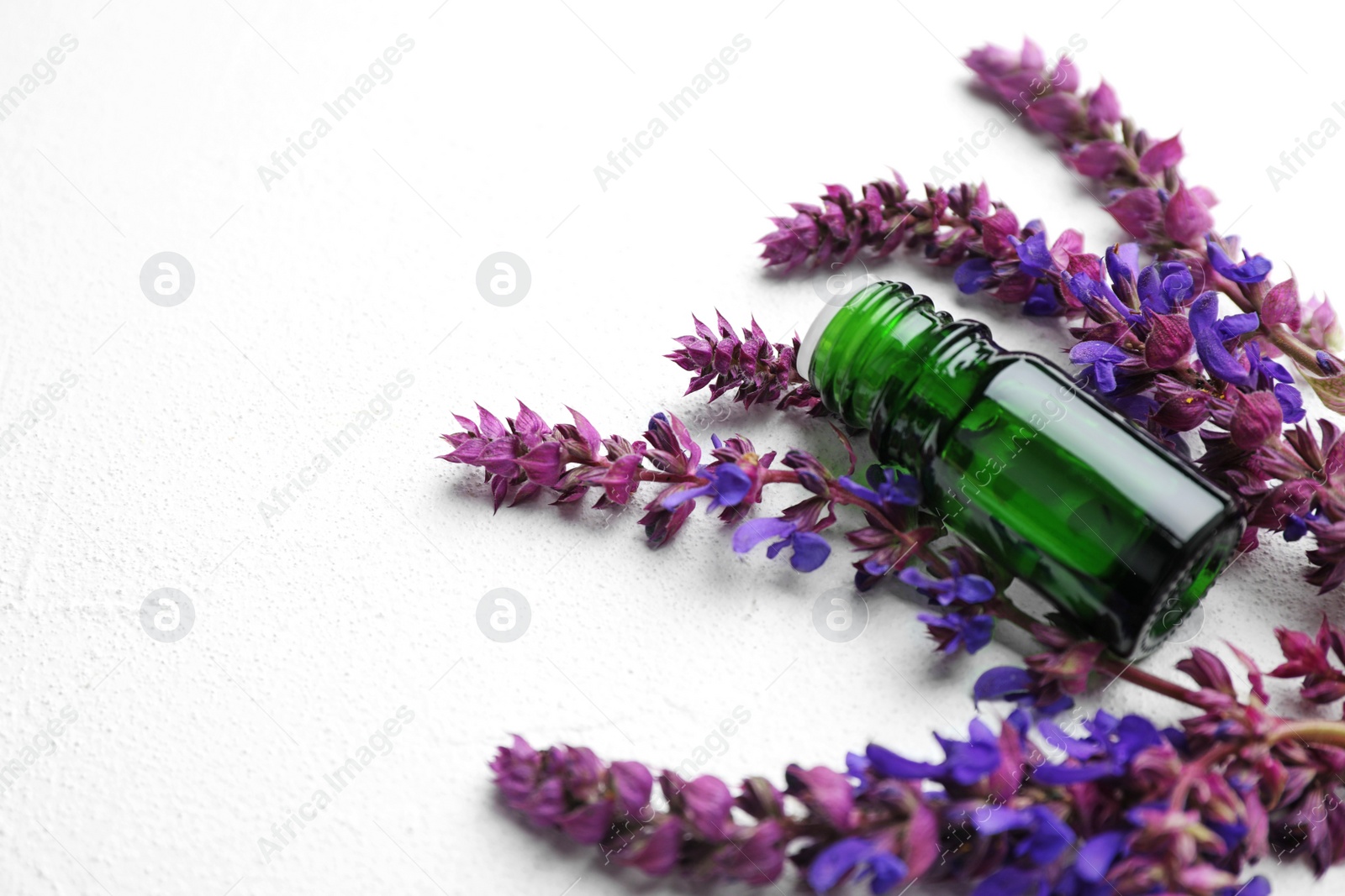 Photo of Bottle of sage essential oil and flowers on light table, space for text