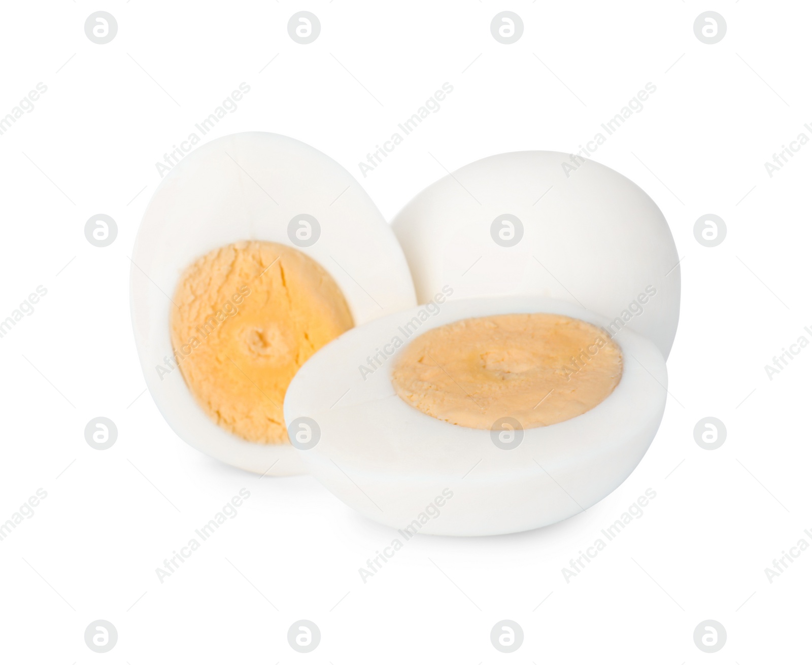 Photo of Fresh peeled hard boiled eggs on white background