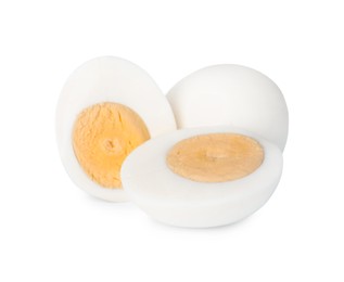 Photo of Fresh peeled hard boiled eggs on white background