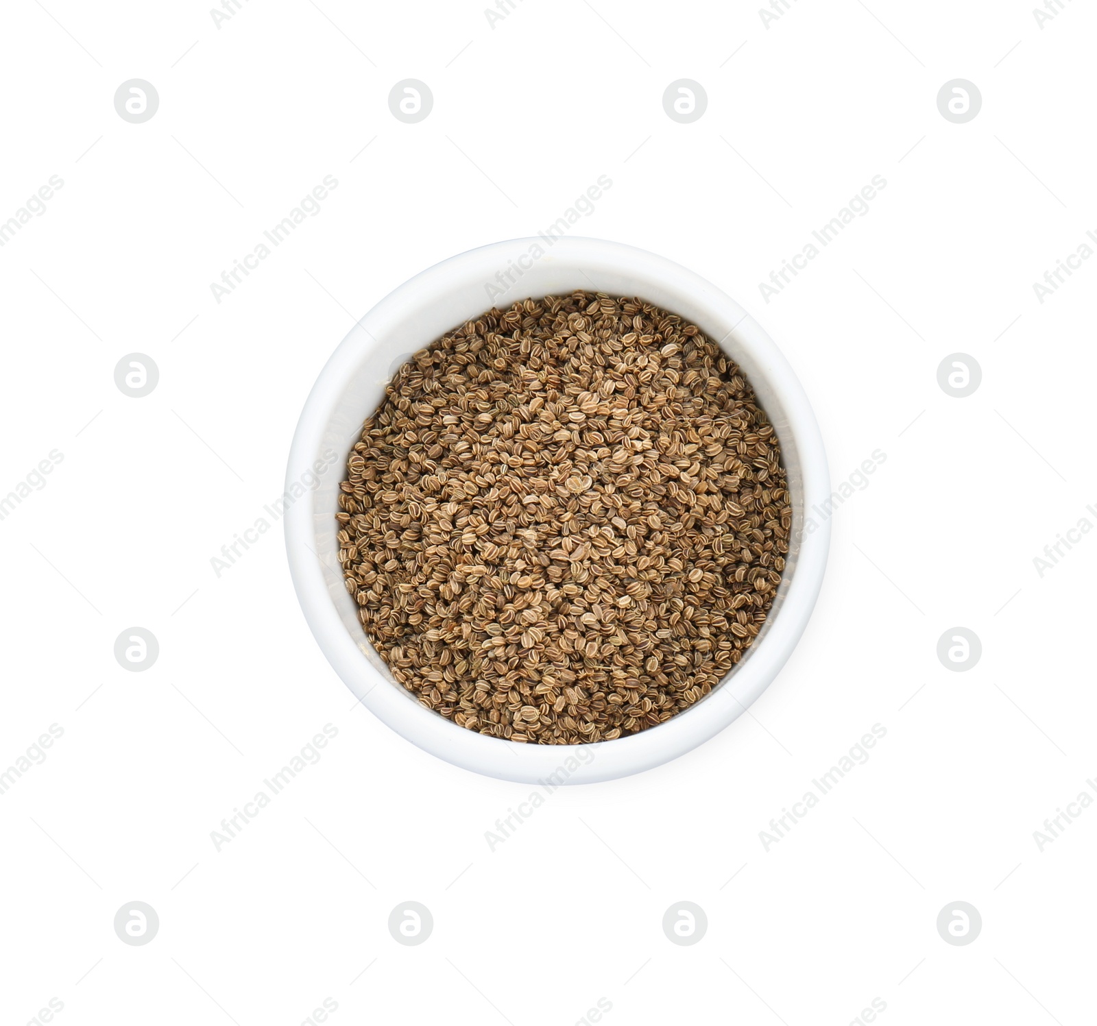 Photo of Bowl of celery seeds isolated on white, top view