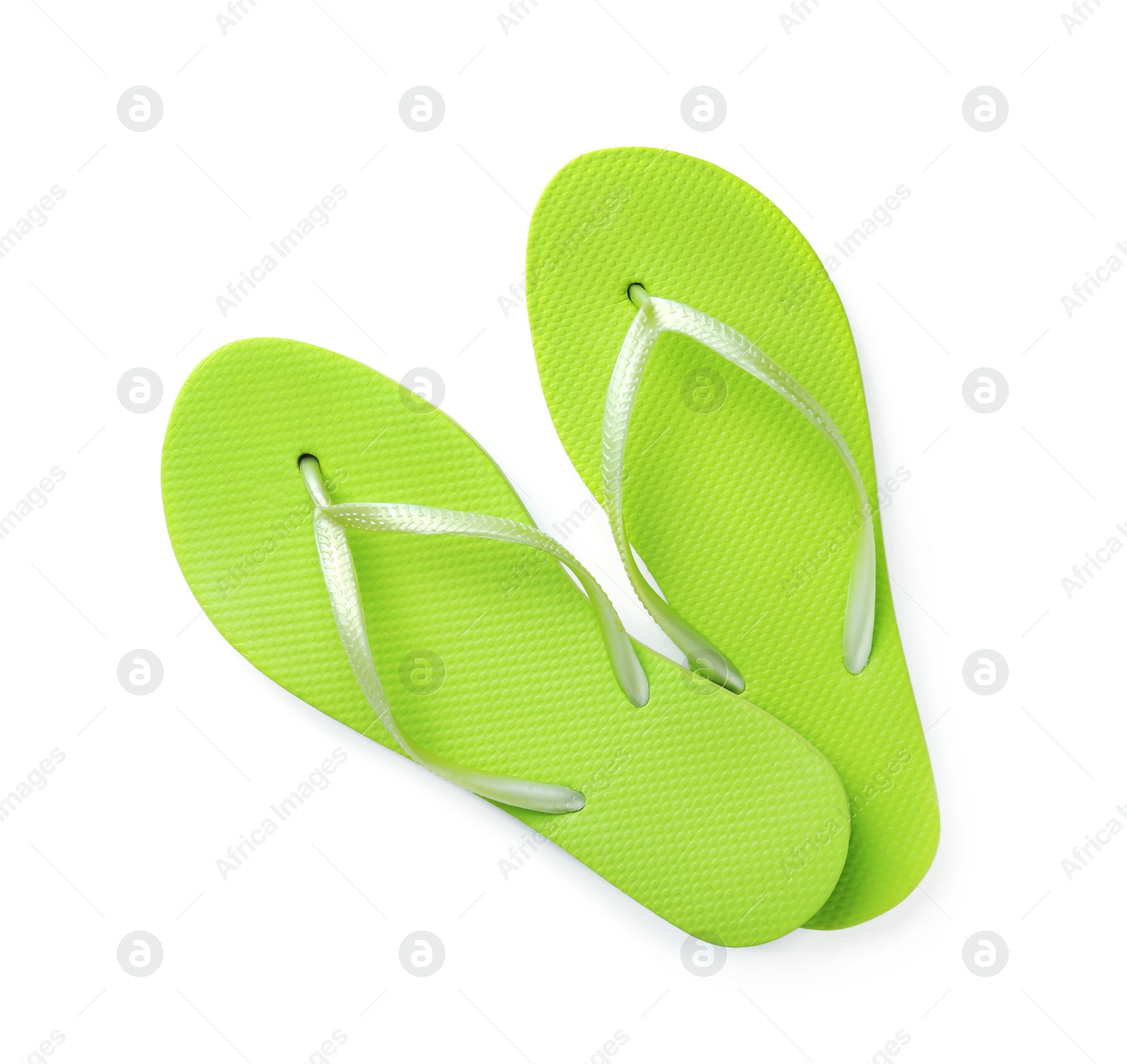 Photo of Bright flip flops on white background, top view. Beach accessories