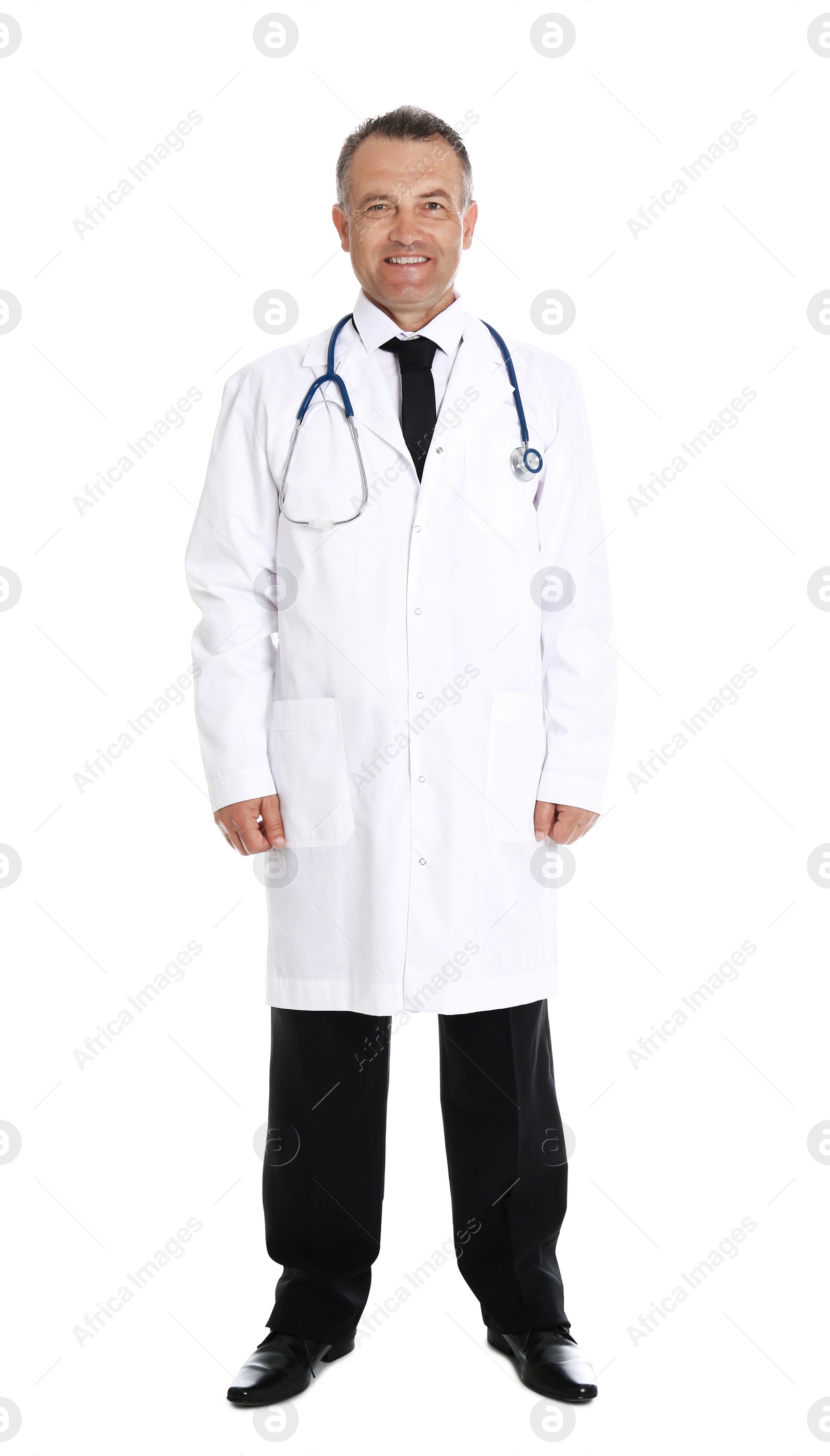 Photo of Full length portrait of experienced doctor in uniform on white background. Medical service