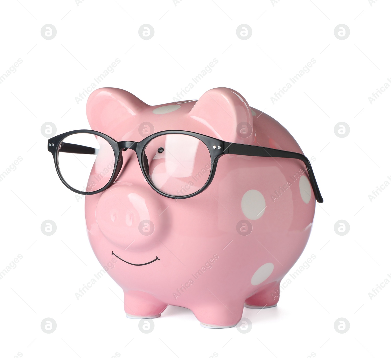 Photo of Piggy bank with glasses isolated on white