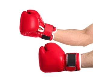 Man in boxing gloves on white background, closeup