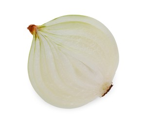 Photo of Half of fresh ripe onion isolated on white, top view