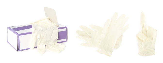 Image of Set of medical gloves on white background. Banner design