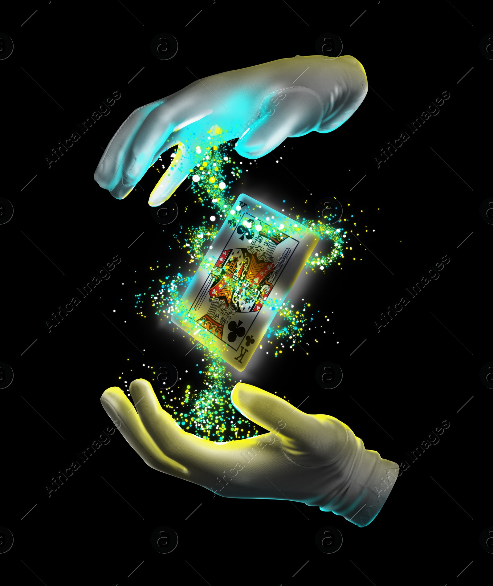 Image of Magician performing card trick on black background, closeup