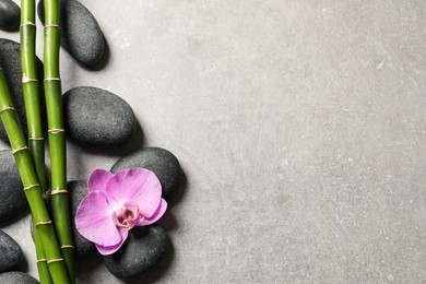 Photo of Spa stones, beautiful orchid flower and bamboo stems on light grey table, flat lay. Space for text