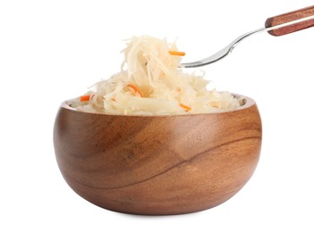 Photo of Fork with tasty sauerkraut above bowl on white background