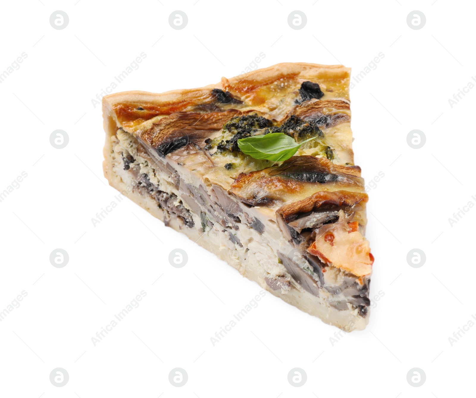 Photo of Piece of delicious quiche with mushrooms isolated on white