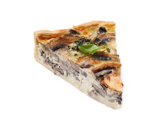 Piece of delicious quiche with mushrooms isolated on white