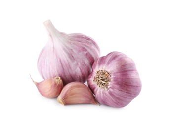 Fresh raw garlic heads and cloves isolated on white