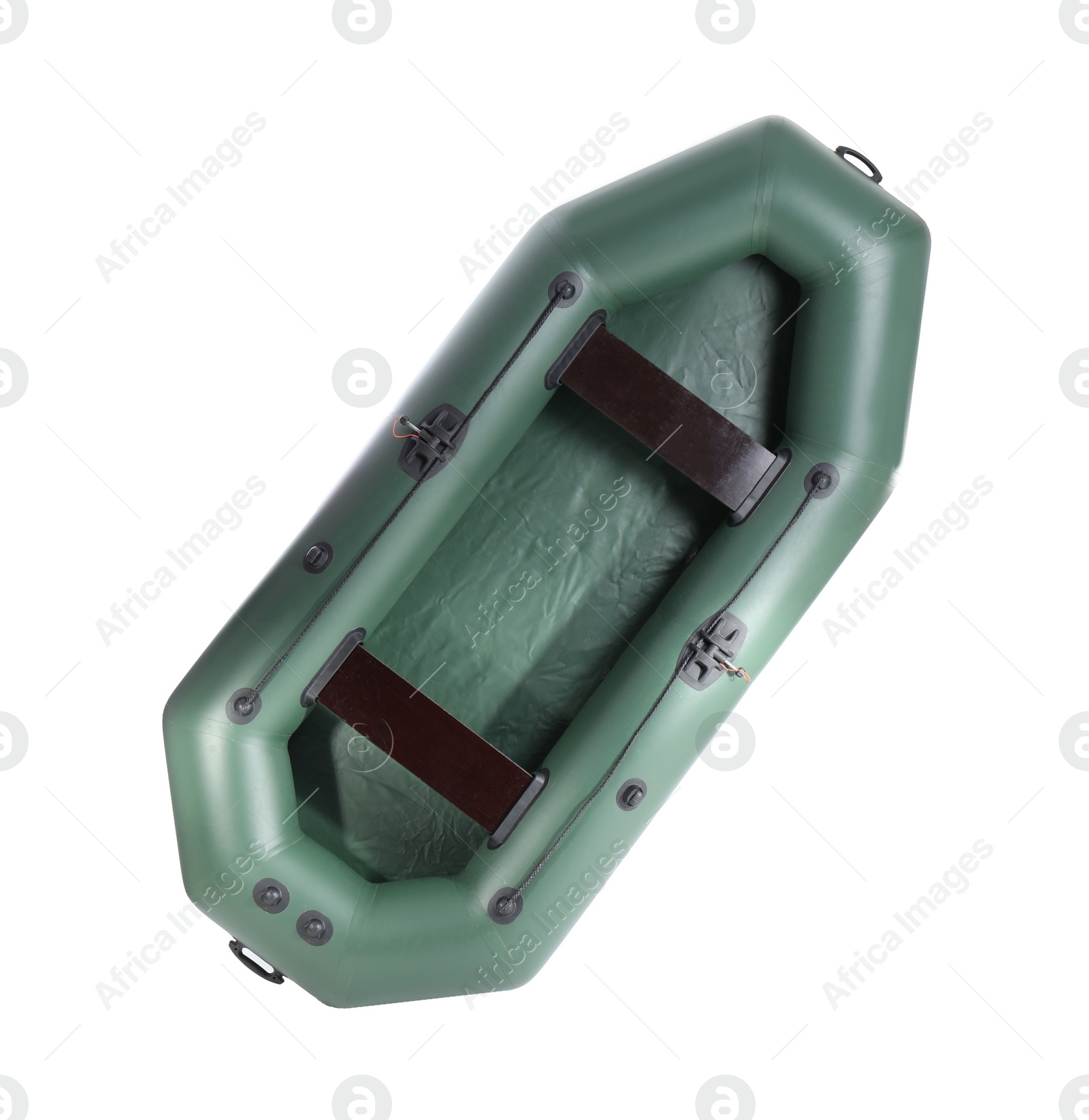 Photo of Inflatable rubber fishing boat on white background