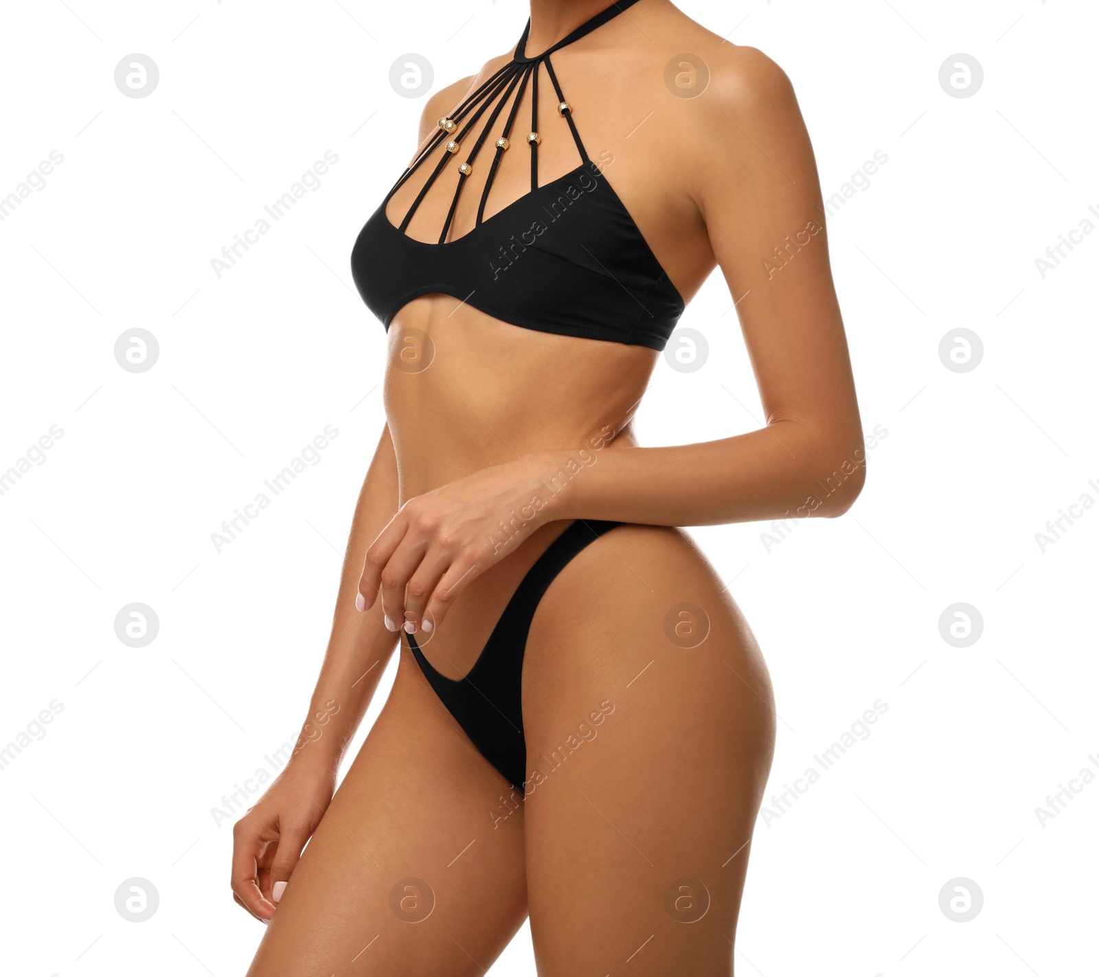 Photo of Sexy young woman in stylish swimsuit isolated on white, closeup. Beach body goal