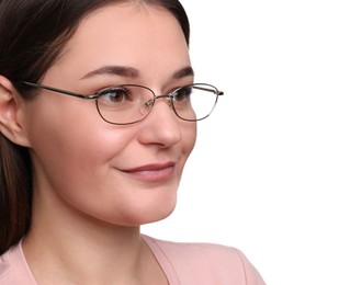 Photo of Beautiful woman with glasses on white background