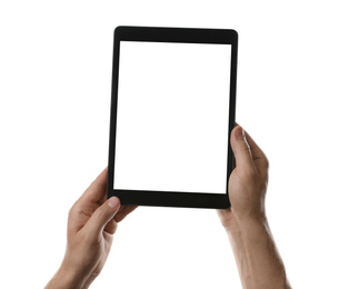 Photo of Man holding tablet computer with blank screen on white background, closeup. Modern gadget