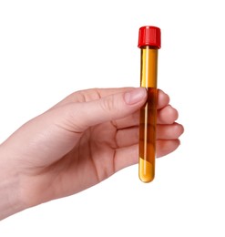 Photo of Woman holding test tube with brown liquid on white background, closeup